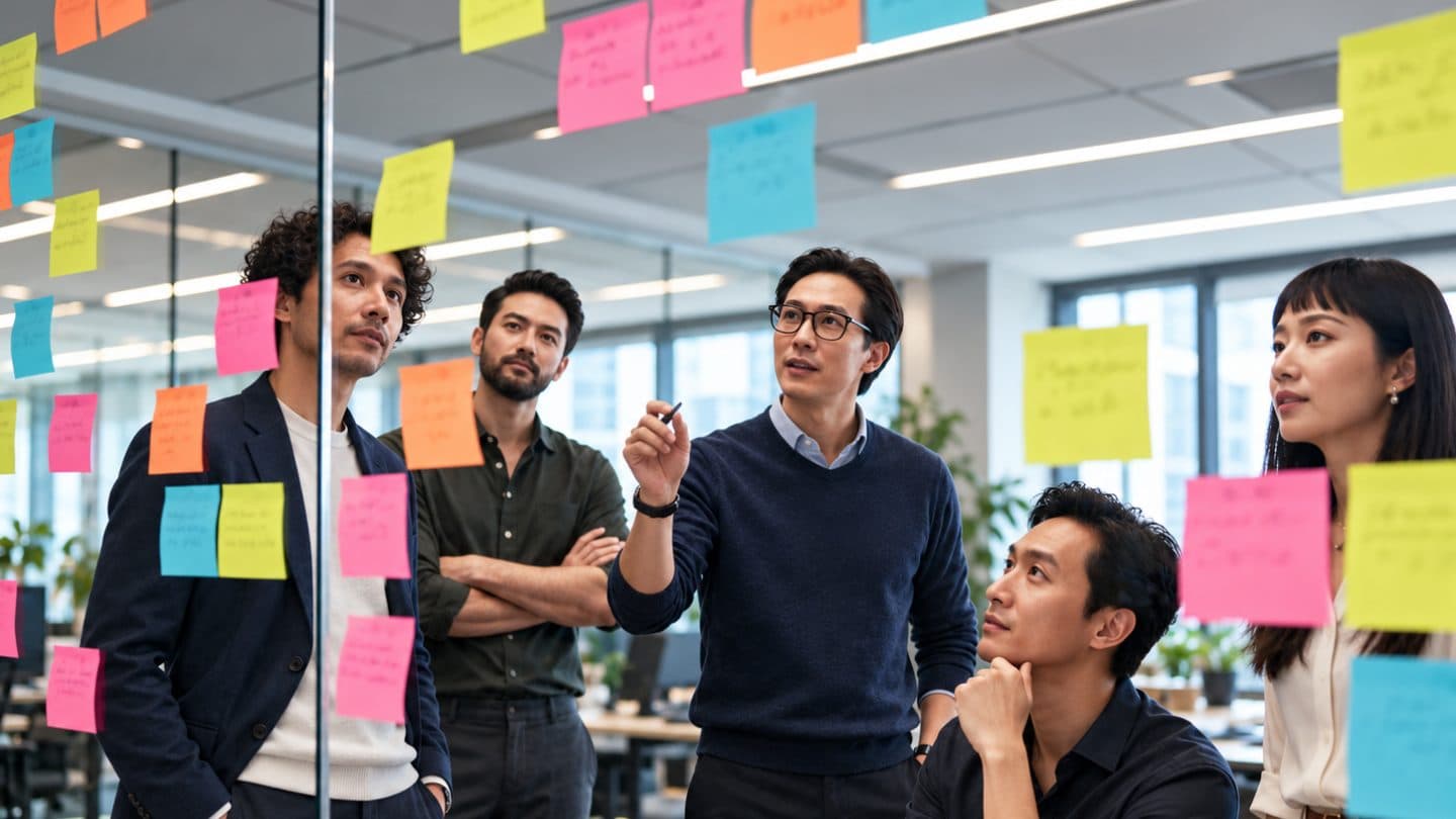 Team planning together at a wall of sticky notes