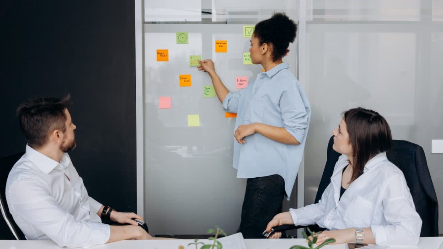 Product Owner working with an Agile team at a planning board