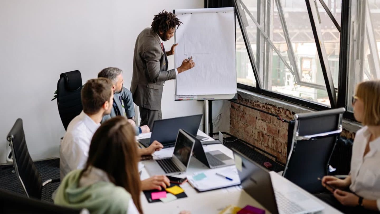 Instructor presenting at a whiteboard to a small team